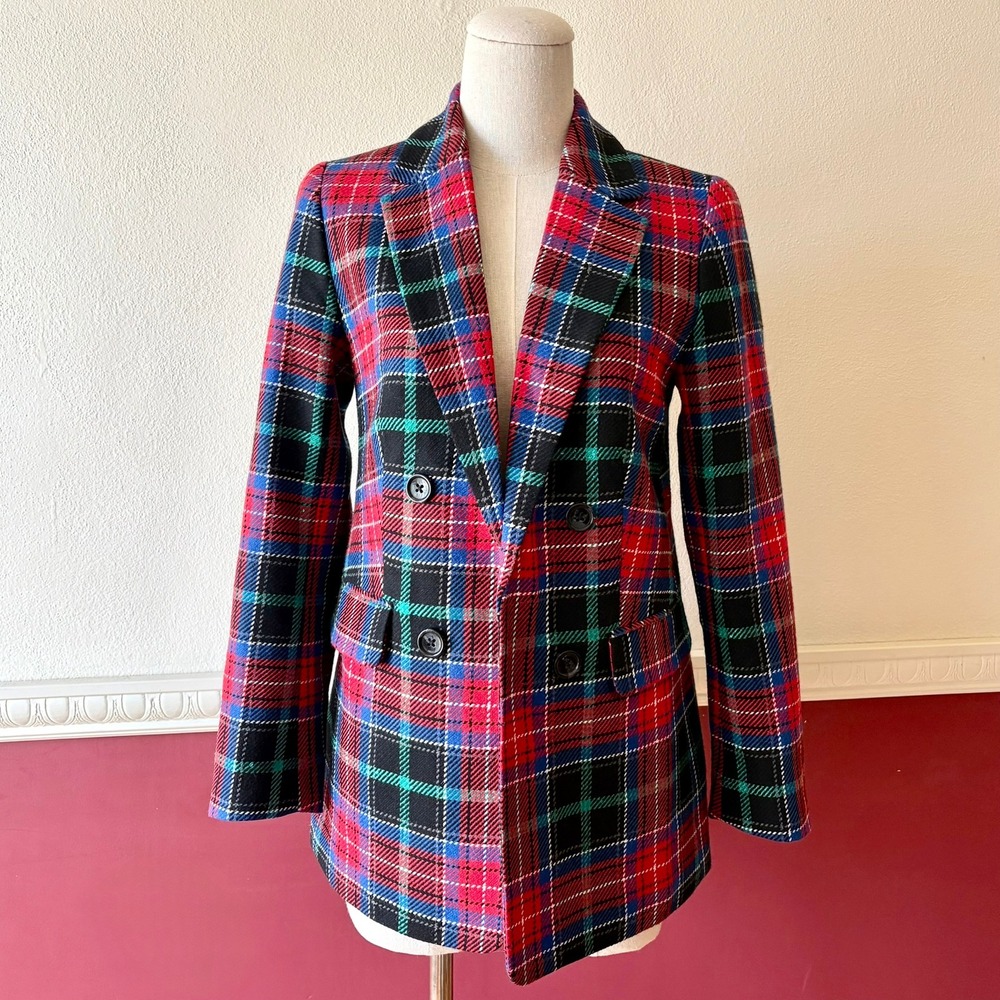 New Talbots Petite Tartan Plaid Sequin Wool Blend Double Breasted Open Blazer 2P